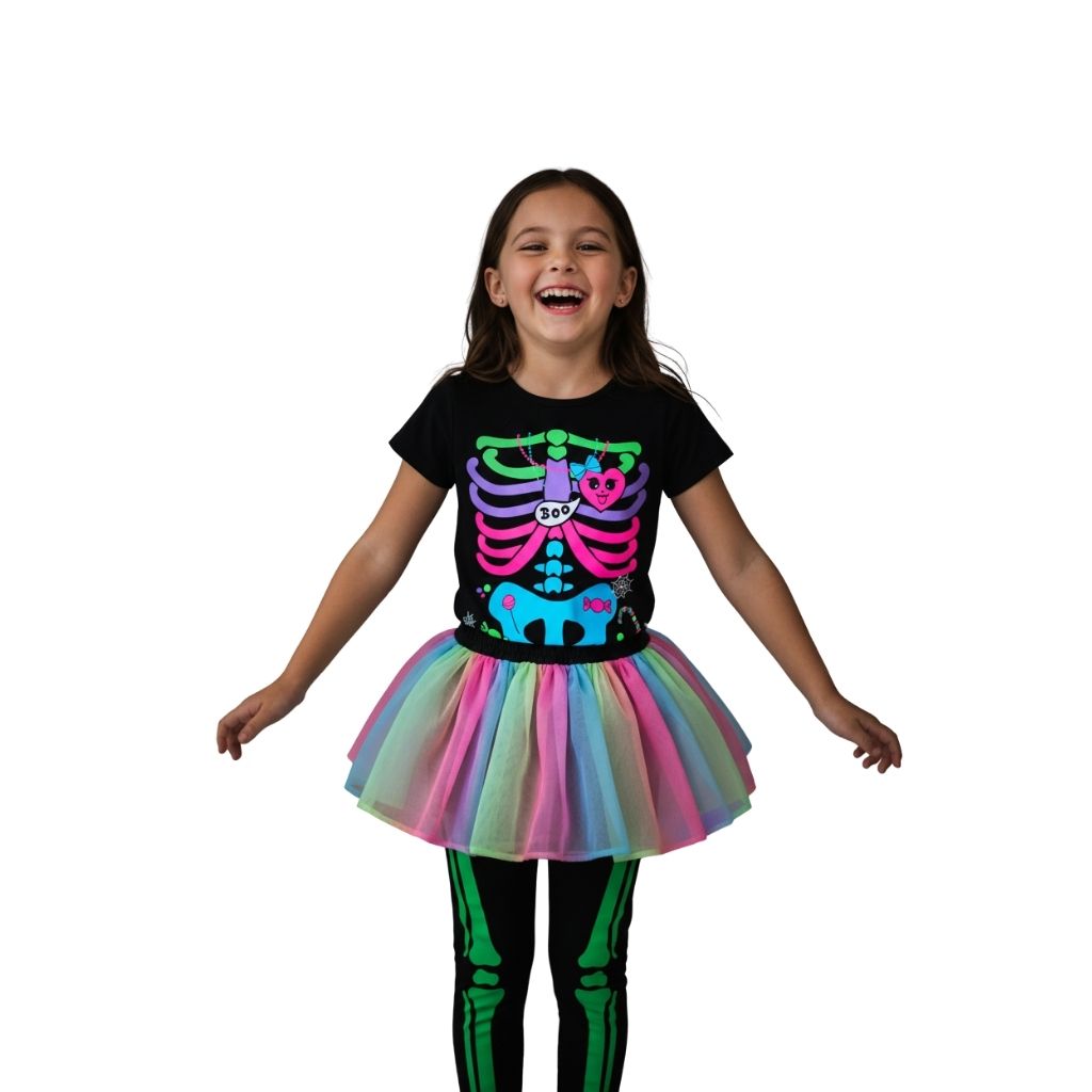 fantasia infantil menina halloween conjunto esqueleto neon