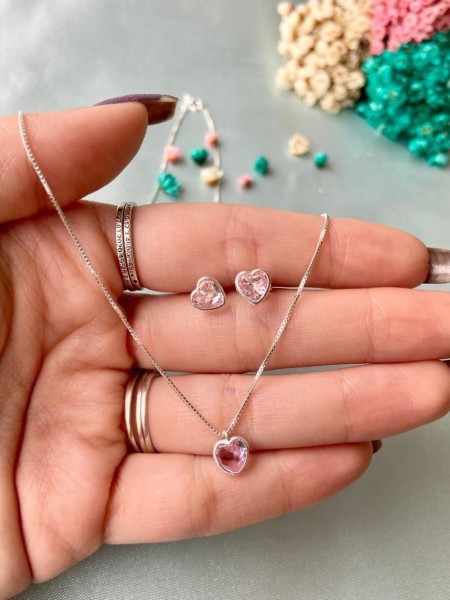 Conjunto Coração Rosa - Prata 925 - MCJ04-2434 - PRATA 925