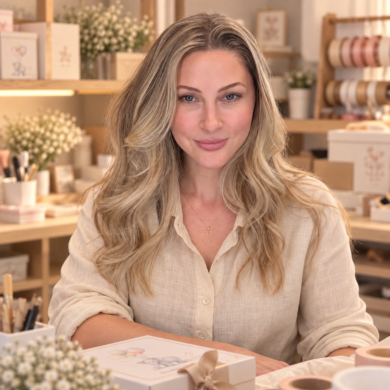 Juli, criadora da Coisa Linda Ateliê, em seu ateliê