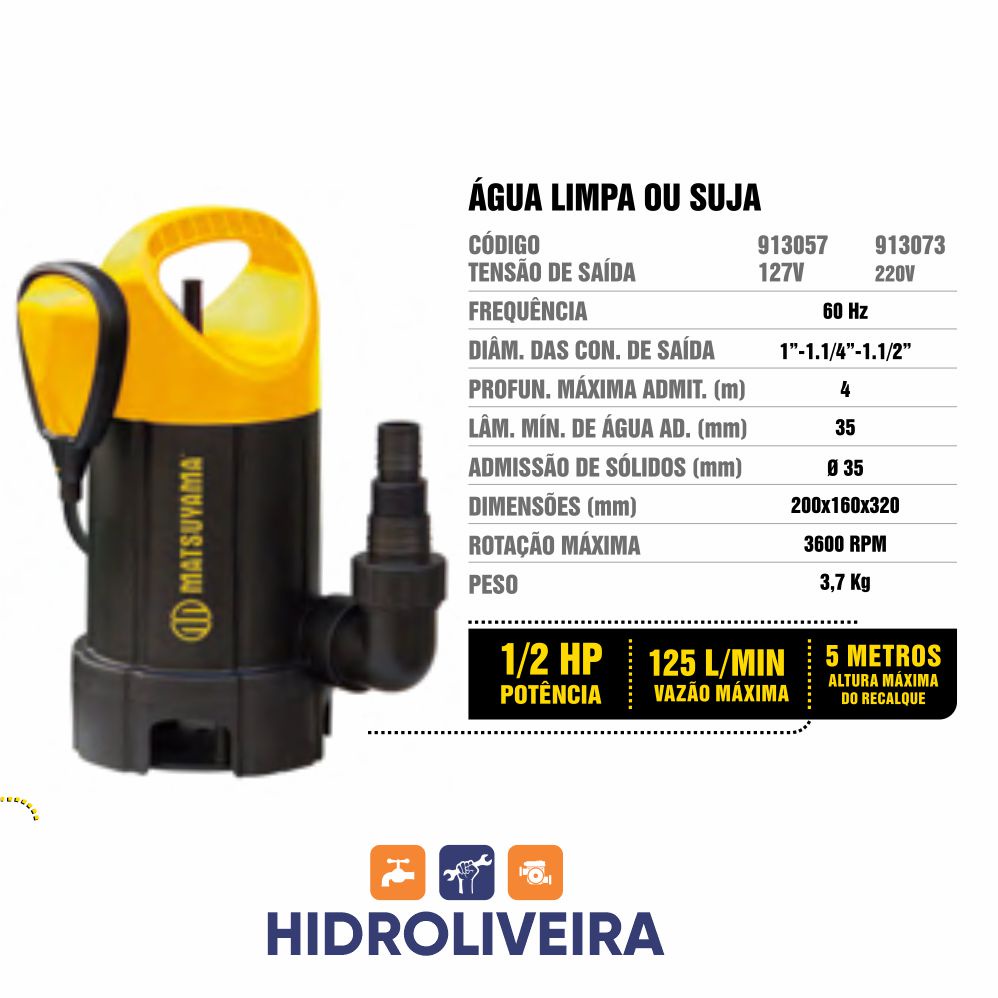 Bomba Submersível 1/2HP 370W 220V Matsuyama - Hidroliveira