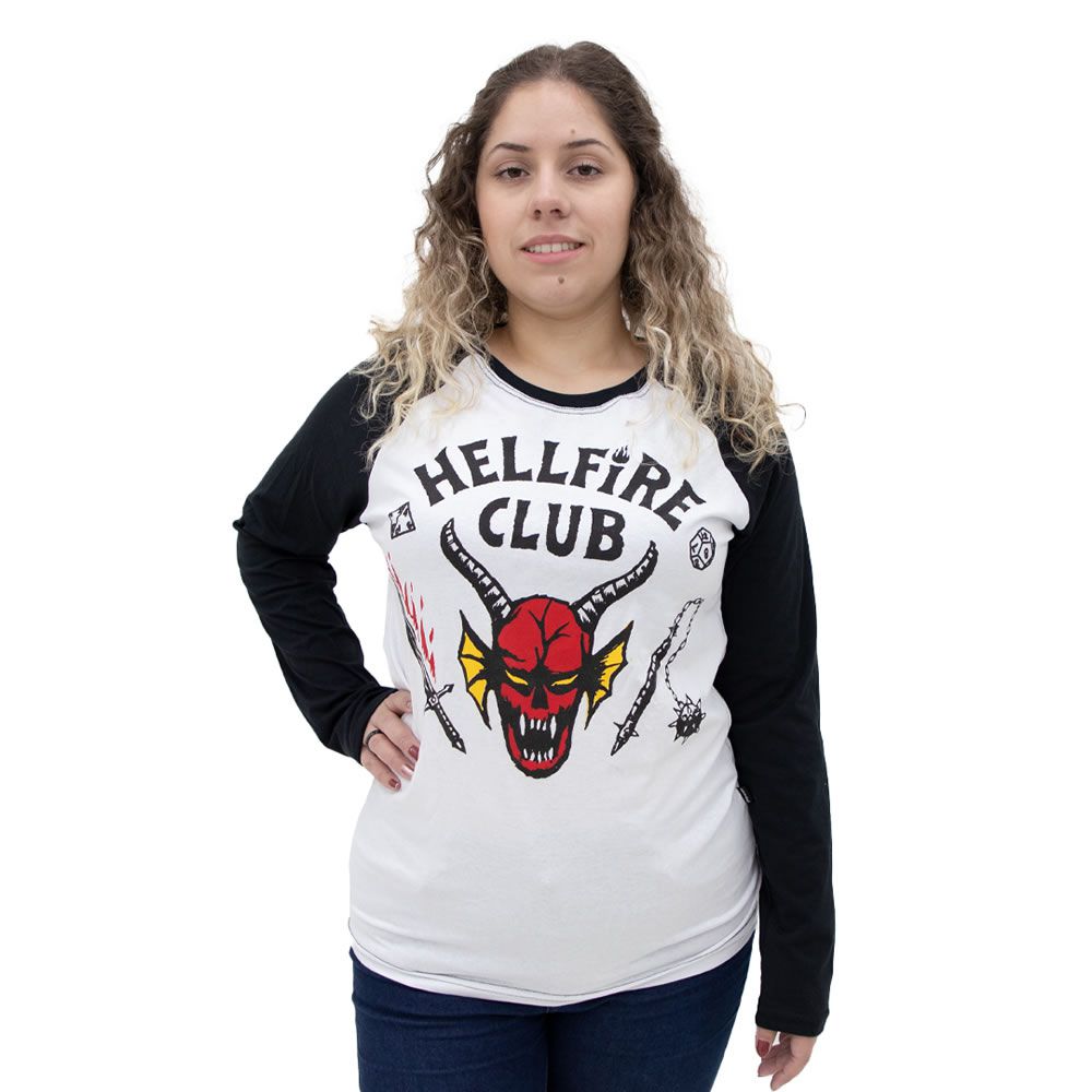 Camiseta Raglan Hellfire 27 Club tamanho adulto na cor branca com