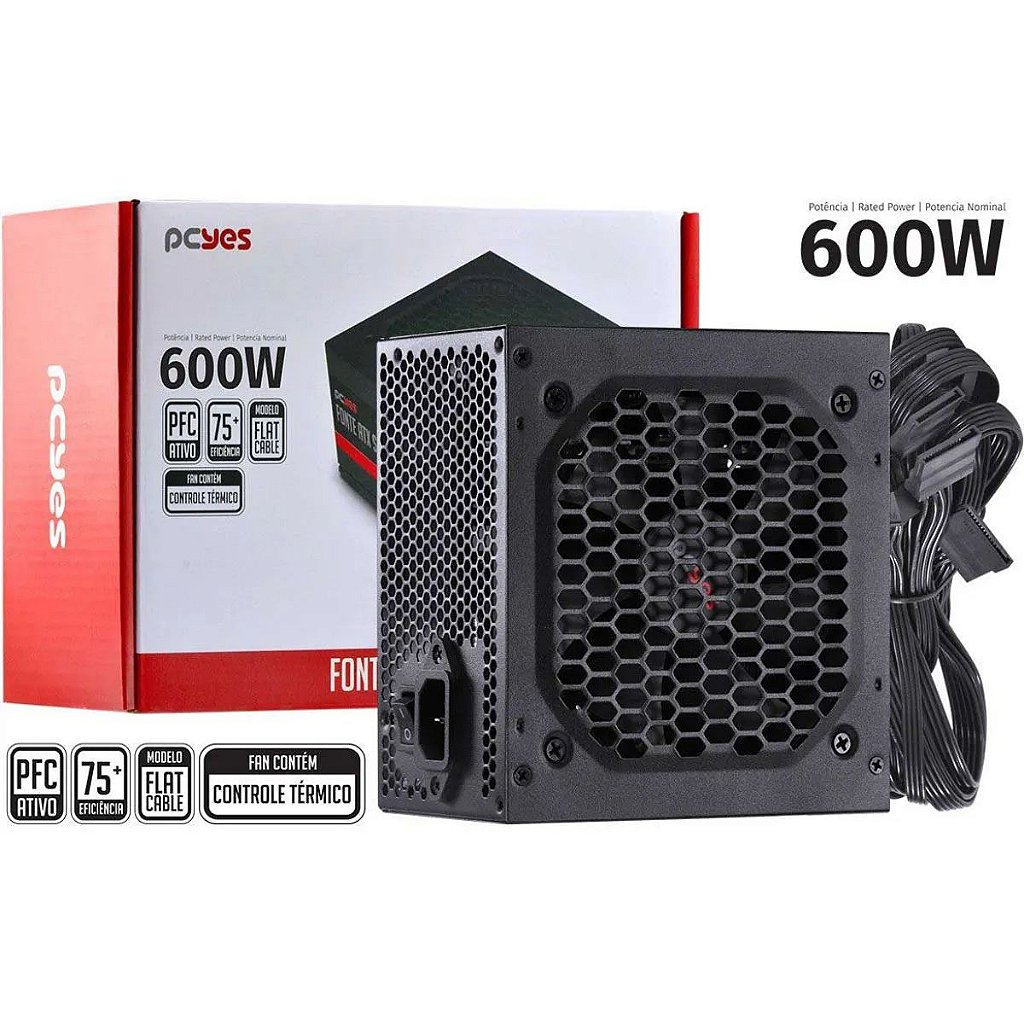 Fonte PCYES Spark 600W, Eficiência 75+, PFC Ativo PXSP600WPT