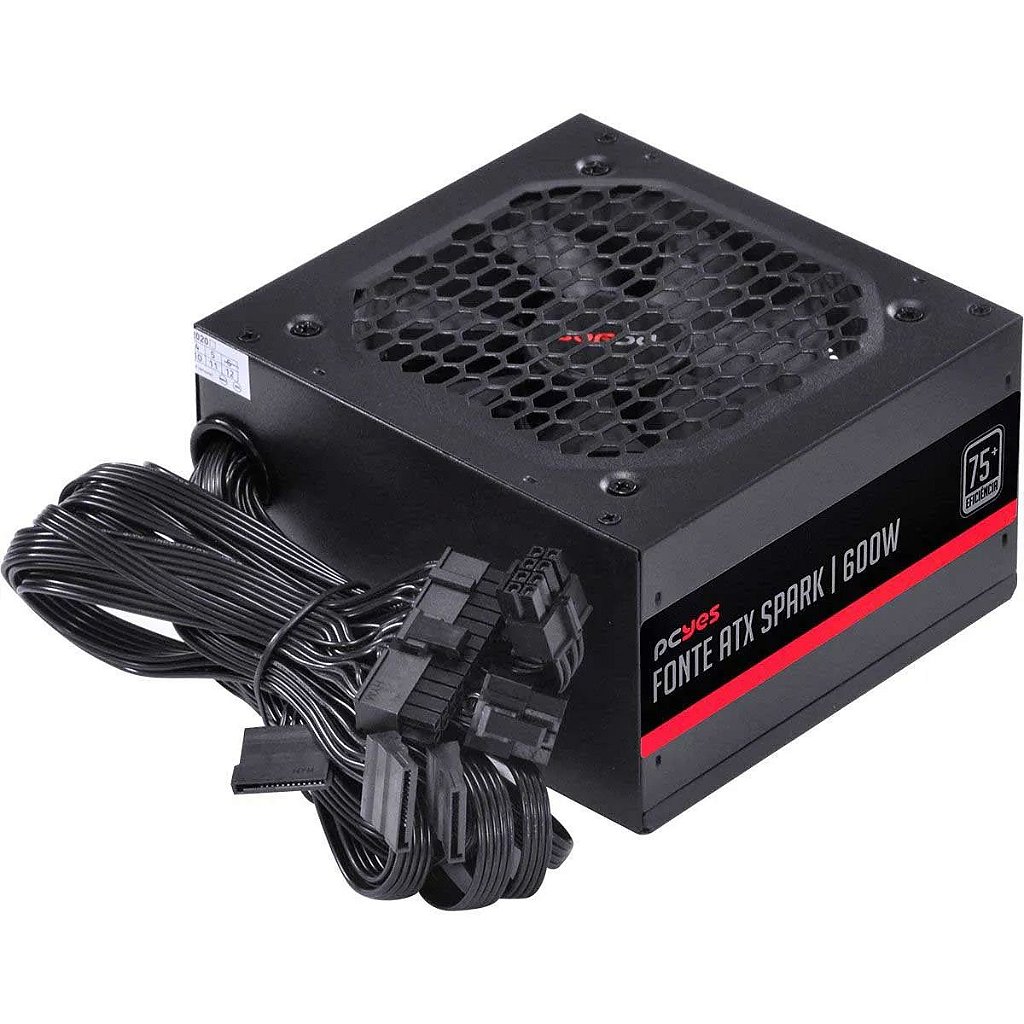 Detalhes de Fonte PCYES Spark 600W, Eficiência 75+, PFC Ativo PXSP600WPT
