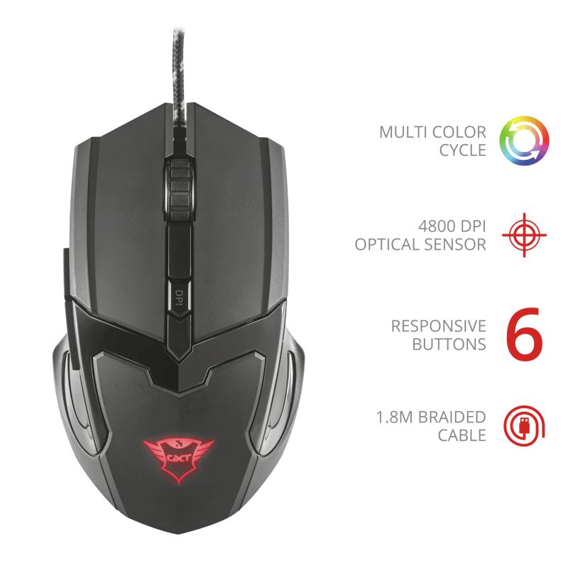 Detalhes de Mouse Gamer Trust GXT 101 Gav 4800Dpi 6 Botões Preto - 21044