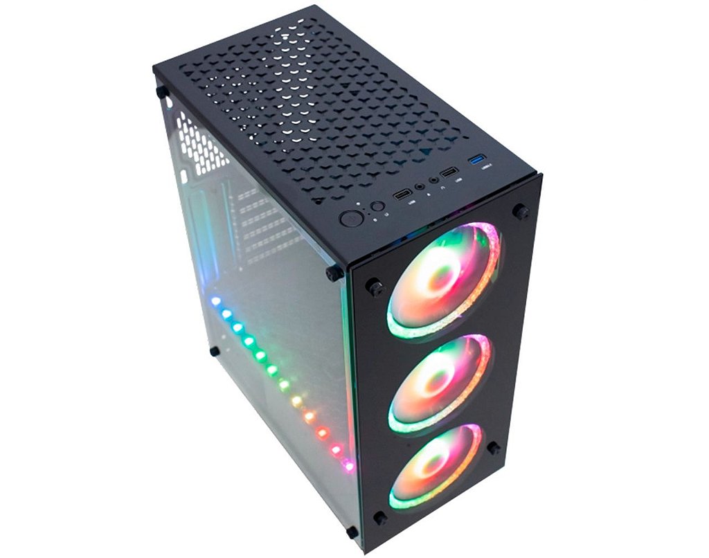 Detalhes de Gabinete Gamer Kmex Atlantis Star CG-A1TJ c/ coolers e fita led ARGB USB 3.0