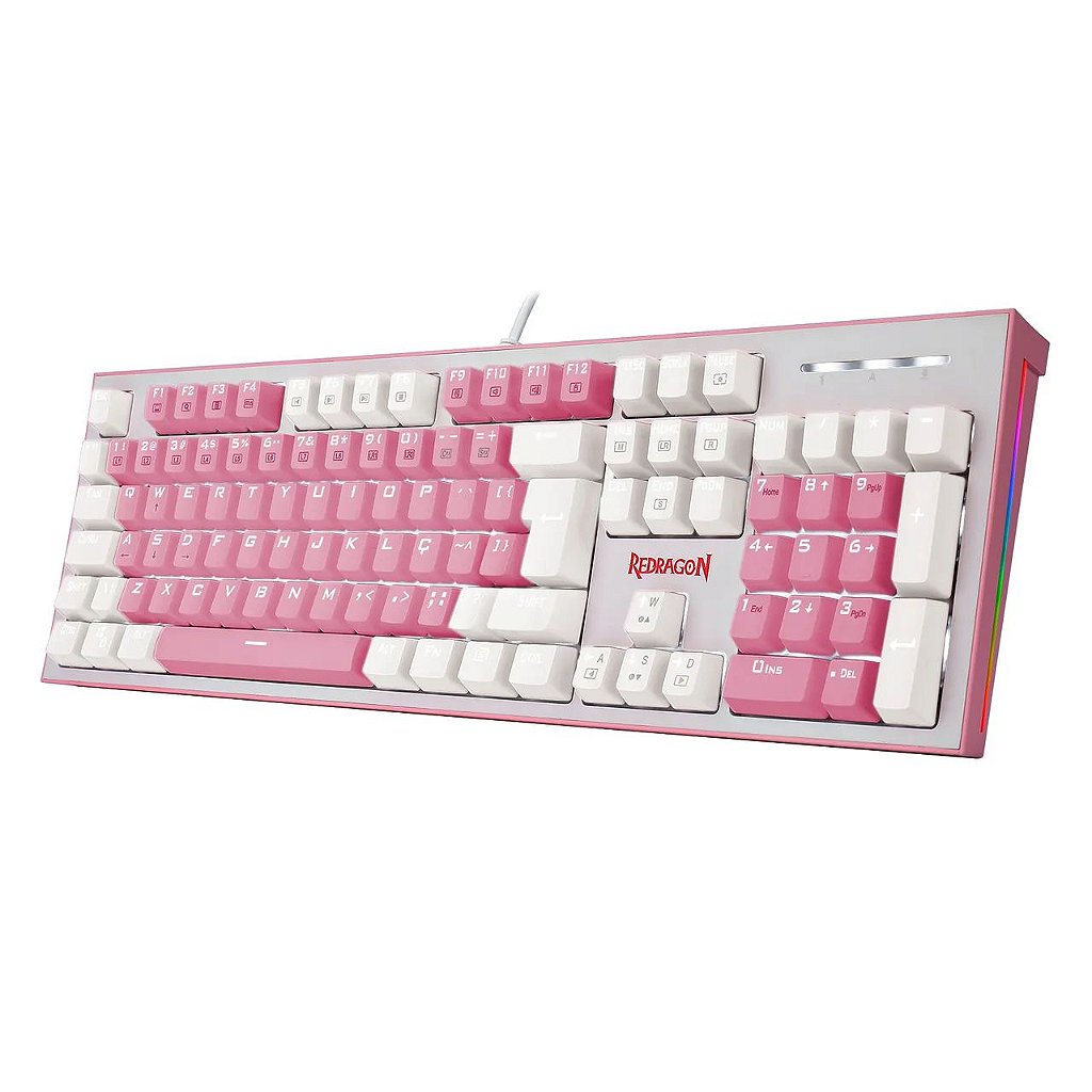 Detalhes de Teclado Mecânico Gamer Redragon HADES Bubblegum Rosa e Branco Led White ABNT2 Switch Azul - K623-PW-(PT-BLUE)