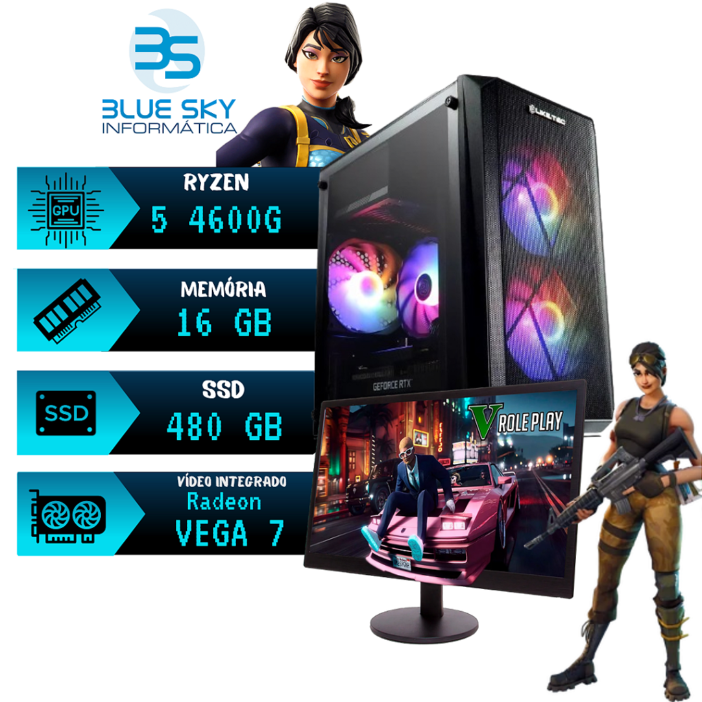 Computador Gamer AMD Ryzen 5 4600G, 16 GB DDR4, 480GB, 400W e Monitor 19"