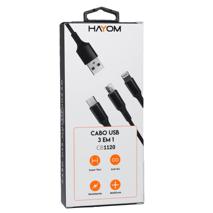 Cabo Usb 3 em 1- Tipo C / Iphone / Micro USB Preto Cb1120