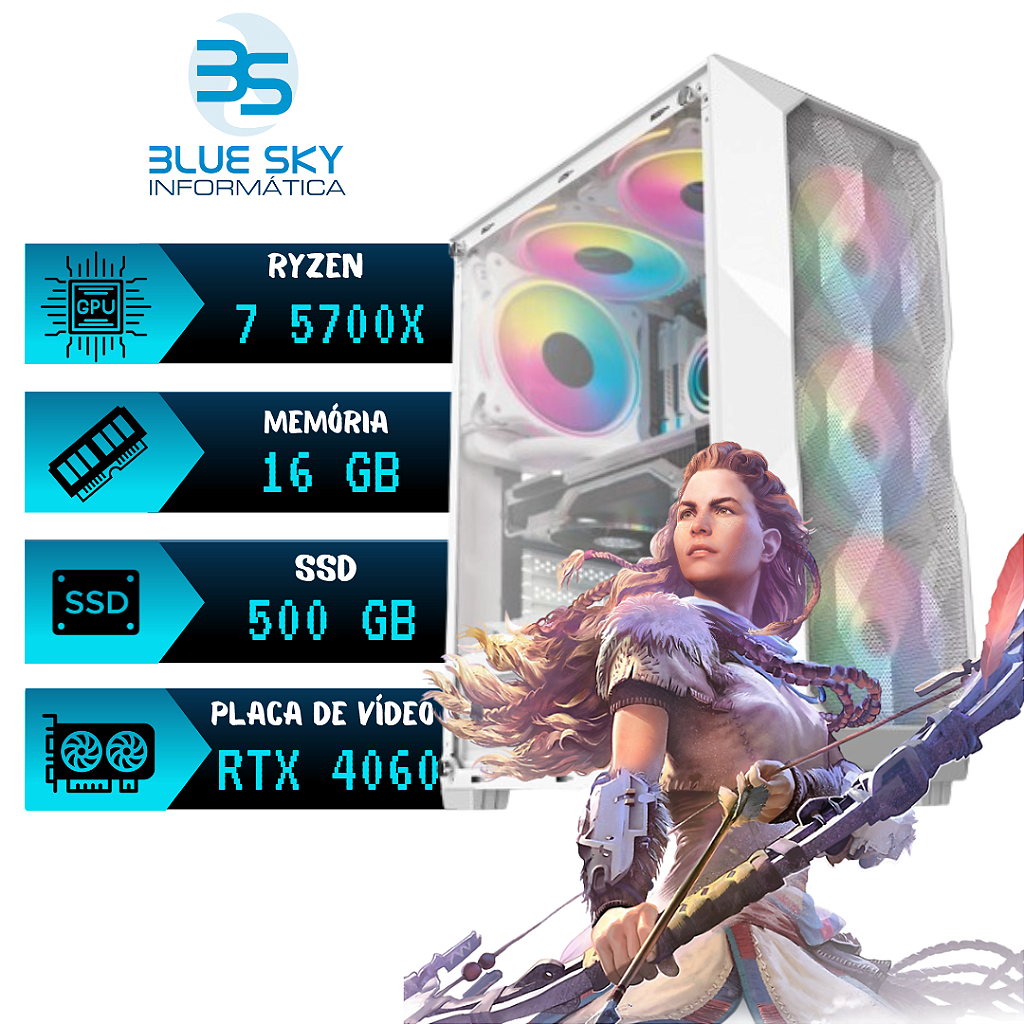 Computador Gamer AMD Ryzen 7 5700X, SSD 500GB Nvme, 16GB DDR4 RGB, 500W, RTX 4060