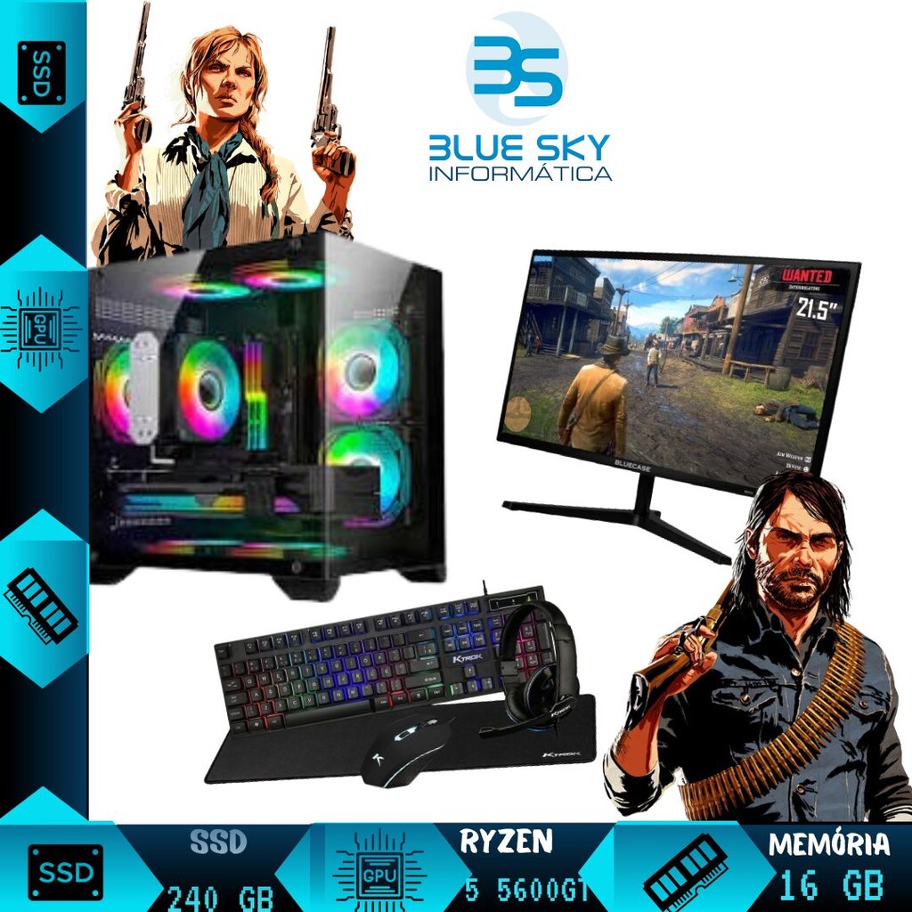 Computador Gamer AMD Ryzen 5 5600GT, 16GB DDR4, SSD 240GB, 500W + Monitor 21,5 + Kit Gamer 4 em 1 RGB