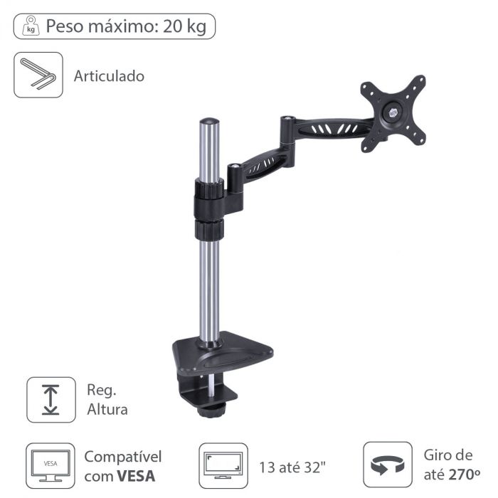 Suporte Articulado para Monitor 20Kg 13" a 32" Padrão Vesa 100x100 SM310B