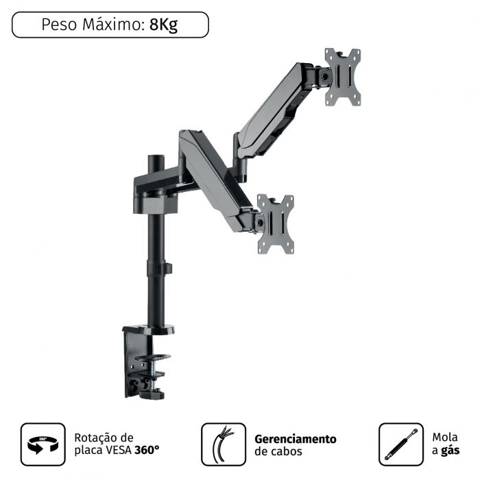 Detalhes de Suporte a Gás para 2 Monitores 17" a 32" 15Kg Padrão Vesa 100x100 Pcyes - PLMSM02B