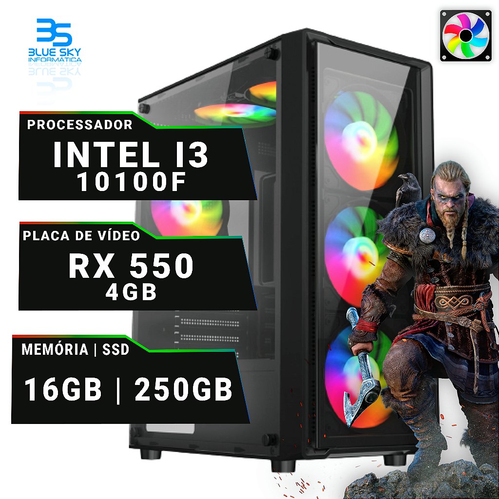 Computador Gamer Intel I3 10100F, 16GB DDR4 RGB, SSD 256GB Nvme, RX 550 4GB