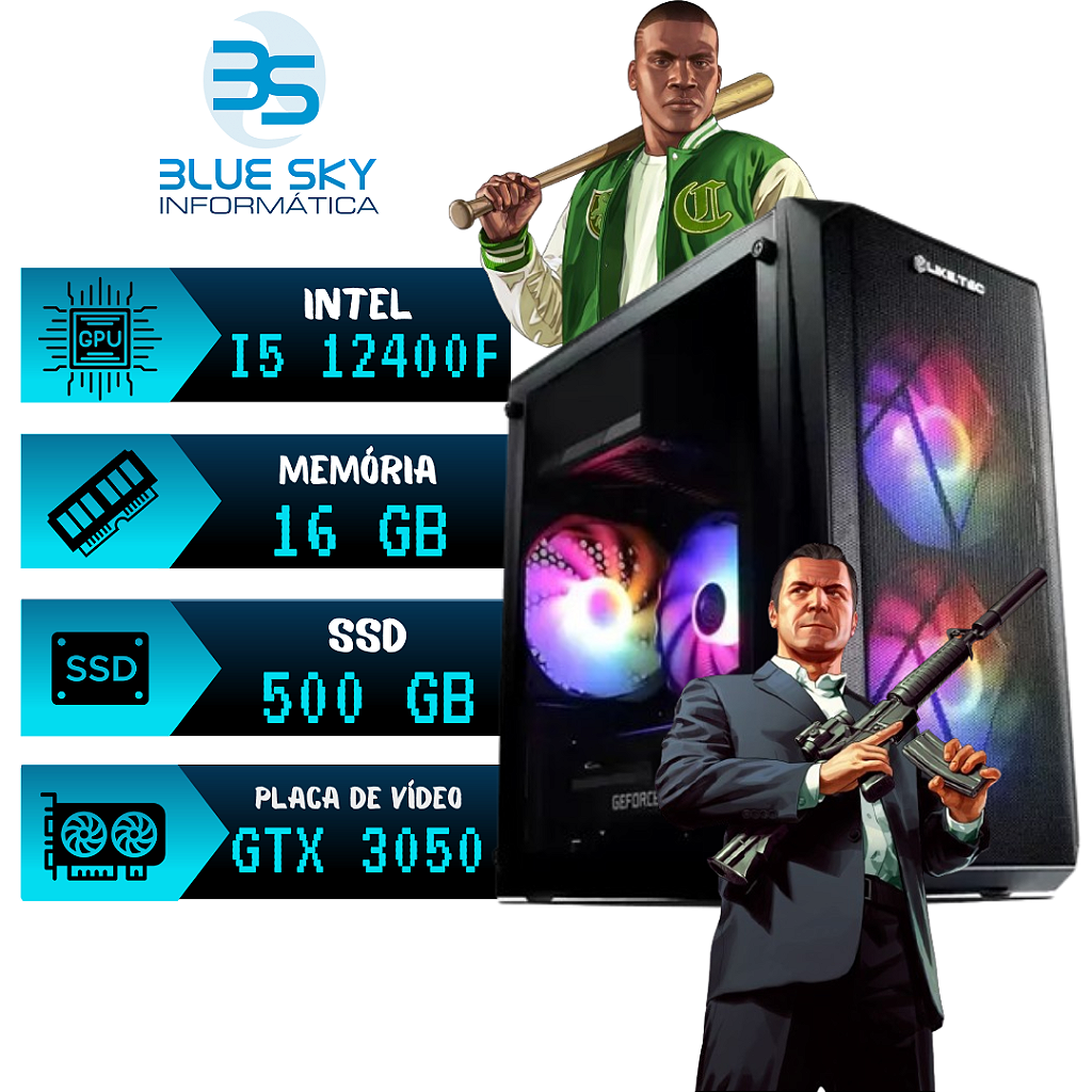 Computador Gamer Intel I5 12400F, 16GB DDR4, SSD 500GB Nvme, RTX 3050 8GB, Water Cooler 240mm