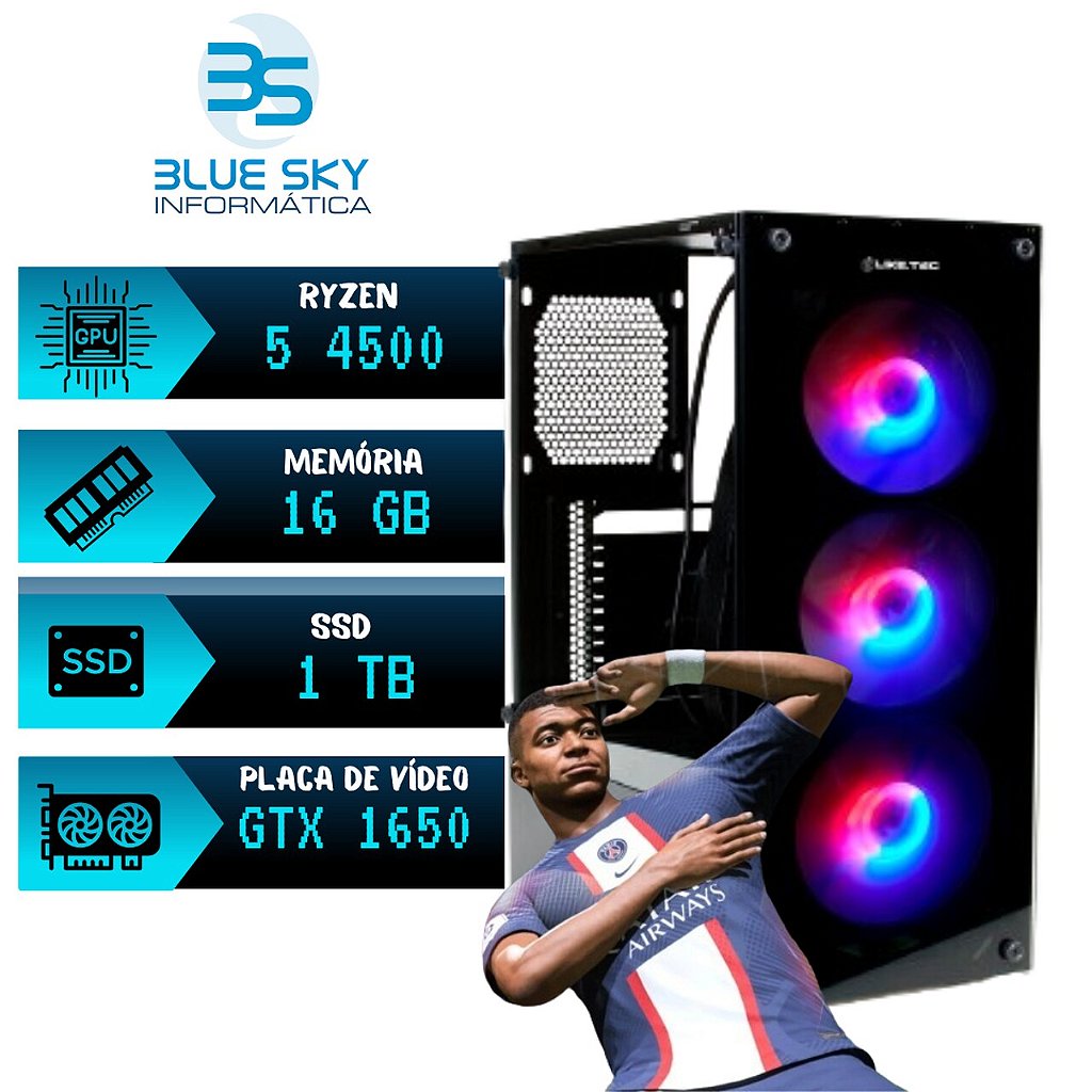 Computador Gamer AMD Ryzen 5 4500, 16GB DDR4, SSD 1 TB Nvme, GTX 1650 4GB