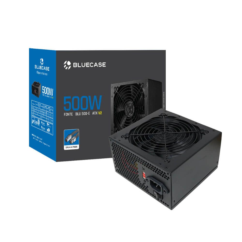 Fonte Gamer Bluecase 500W BLU500-E V2 ATX Preto Eficiênc 70%