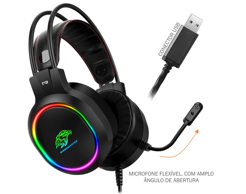 Detalhes de Headset Gamer 7.1 Virtual Surround Kmex Preto USB RGB AR43