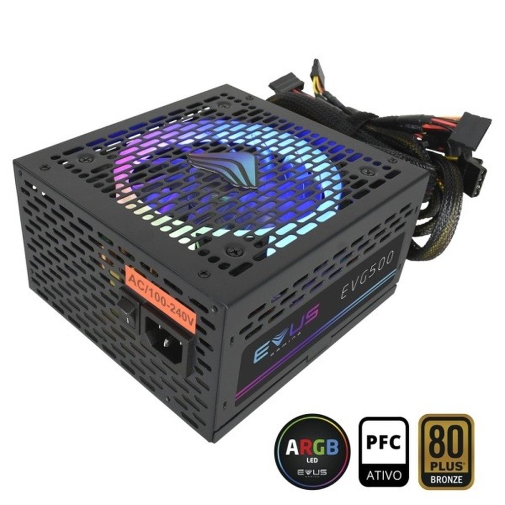 Detalhes de Fonte Gamer Evus EVG500 500w 80 Plus Bronze LED RGB