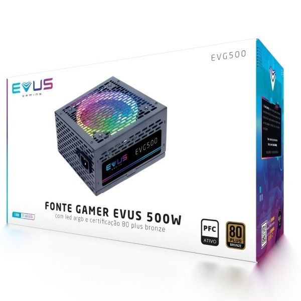 Fonte Gamer Evus EVG500 500w 80 Plus Bronze LED RGB