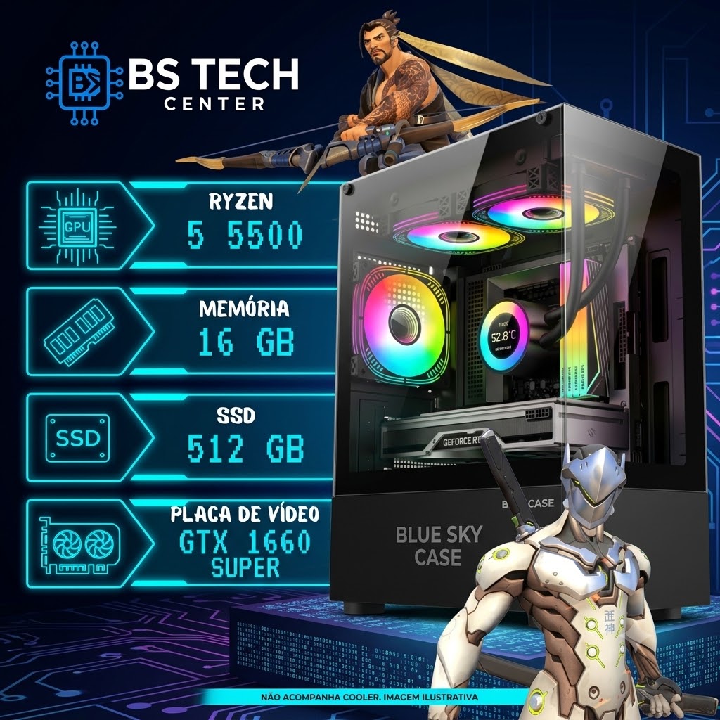 Computador Gamer AMD Ryzen 5 5500, GTX 1660 Super, 16GB, SSD 500GB, 500W