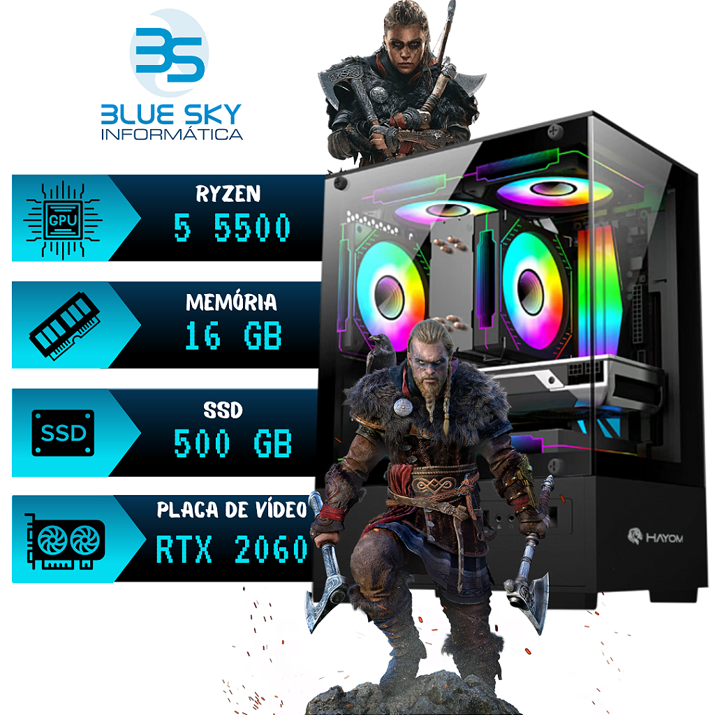 Computador Gamer AMD Ryzen 5 5500, 16GB DDR4, SSD 500GB Nvme, RTX 2060 6GB