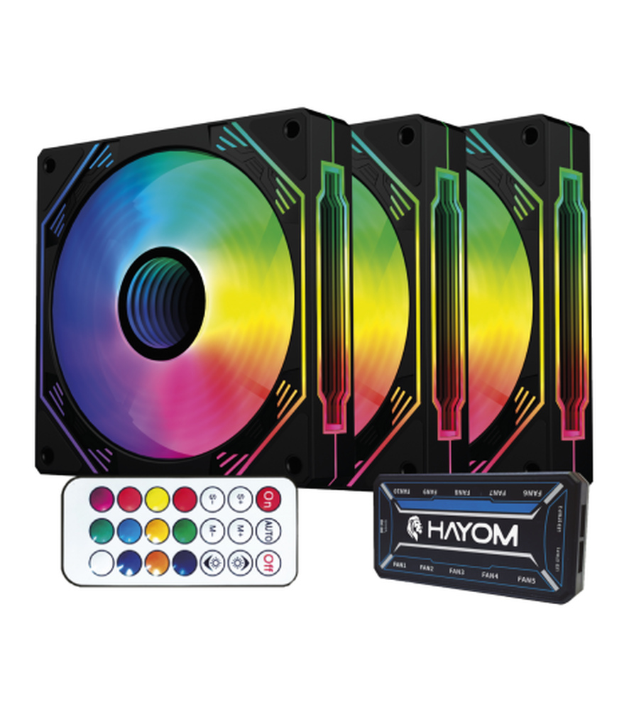Kit Hayom 3 Fans Coolers RGB de 12 cm c/ Controladora FC1308