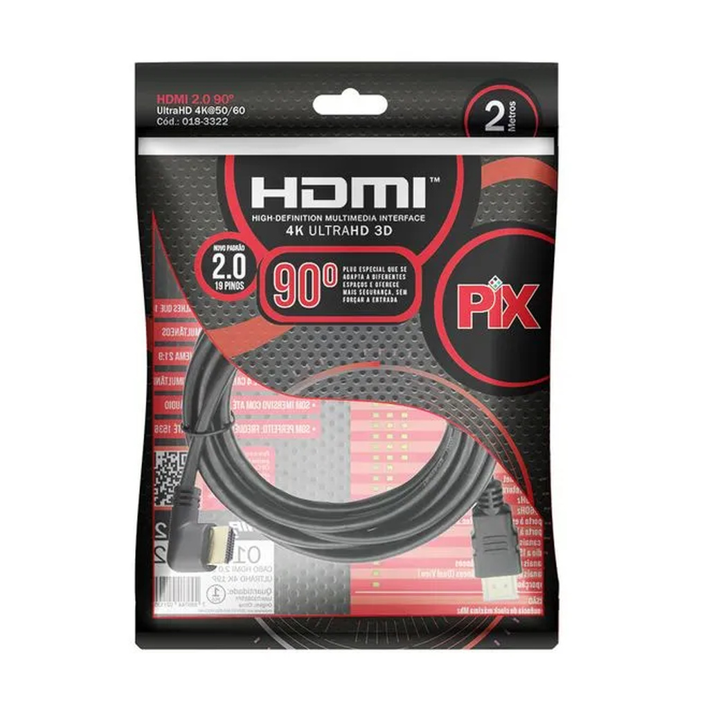 Detalhes de Cabo HDMI 2 Metros Versão 20 4K 19 Pinos Plug 90 Graus Preto