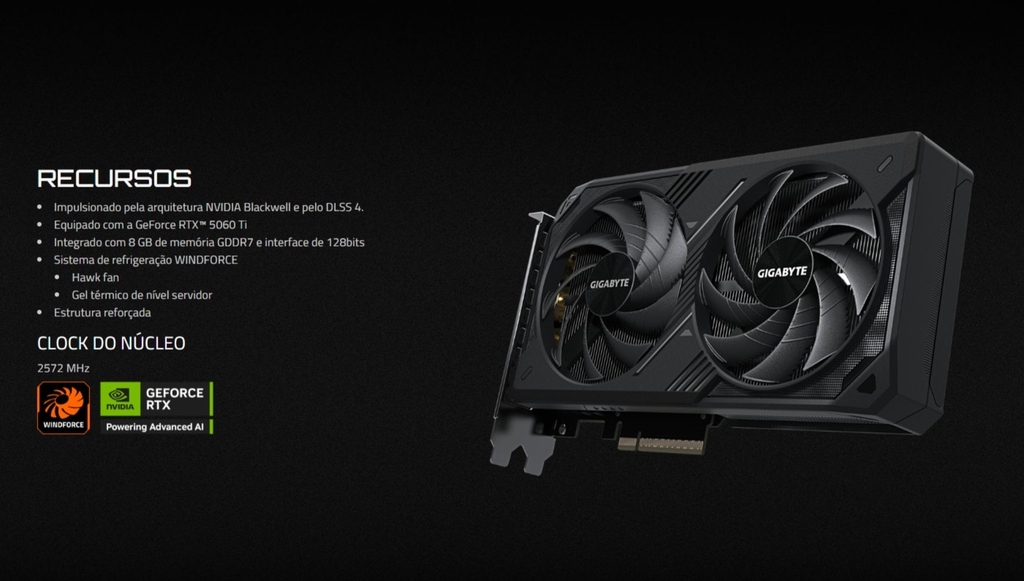 Detalhes de Placa Vídeo Gigabyte GeForce RTX 5060Ti WindForce 8G GDDR7 