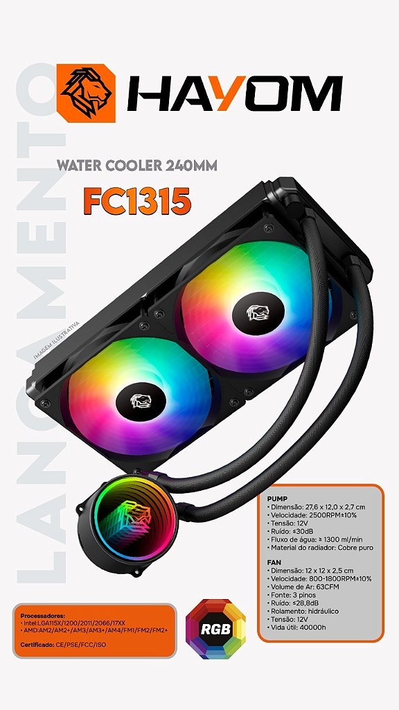 Detalhes de Water Cooler Gamer RGB Rainbow 240MM FC1315 Preto AMD INTEL
