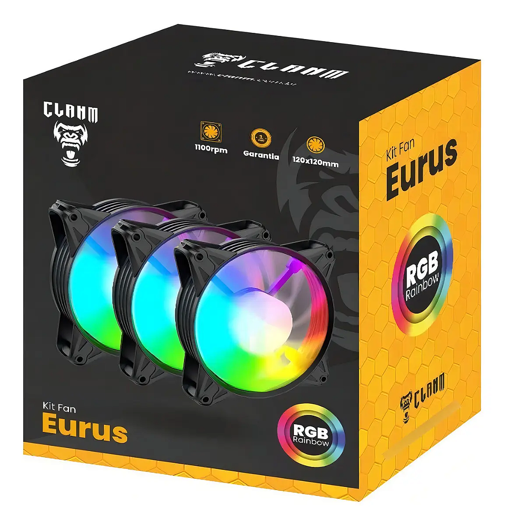 Detalhes de Kit 3 Fans Gamer Eurus ARGB 120mm Controladora Preto Clanm