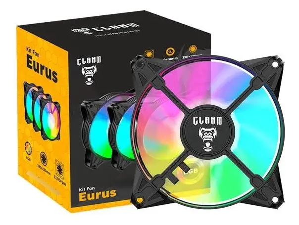 Kit 3 Fans Gamer Eurus ARGB 120mm Controladora Preto Clanm