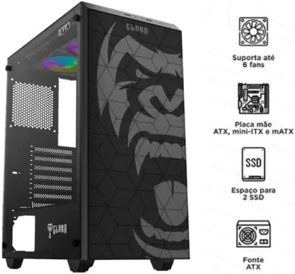 Detalhes de Gabinete Gamer Clanm Zilla Mid Tower Suporta Até 6 Fan Preto