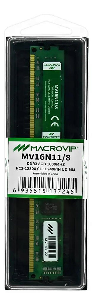 Detalhes de Memoria Ram Macrovip 8GB (1x8GB) DDR3 1600MHz MV16N11/8