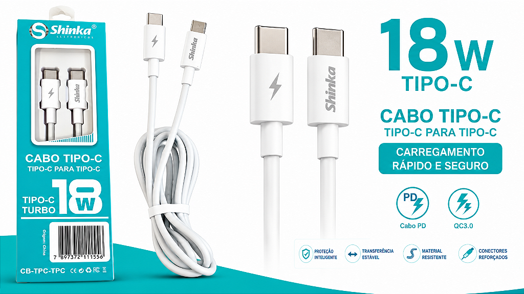 Cabo MD9 Shinka USB-C para USB-C 18W 1m Branco