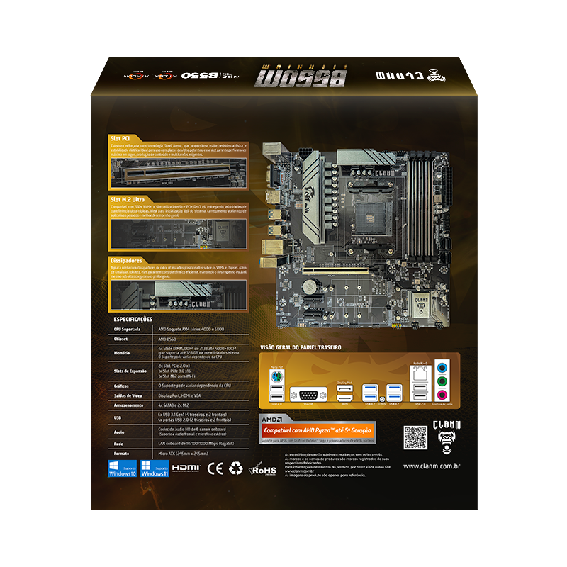 Conexões e detalhes da Placa-Mãe Clanm B550M Titanium