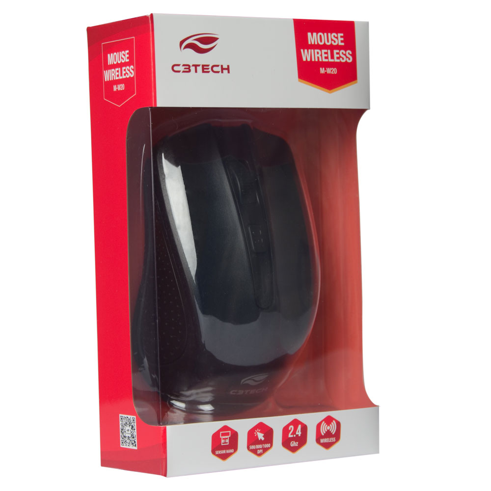 Detalhes de Mouse Sem Fio C3Tech M-W20BK Preto 1000 DPI com Receptor Nano USB