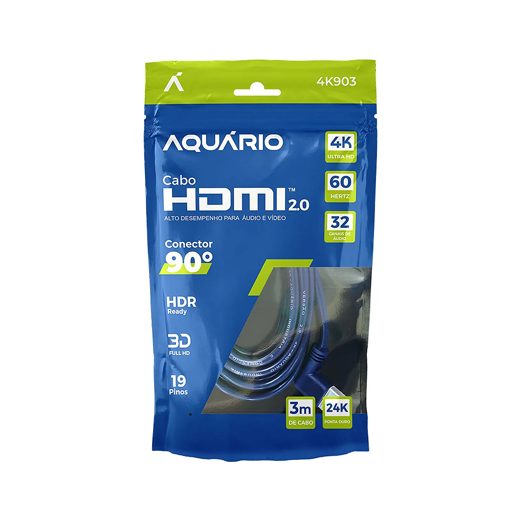 Detalhes de Cabo HDMI 2.0 Aquário 3m 4K Ultra HD com Conector 90° Gold