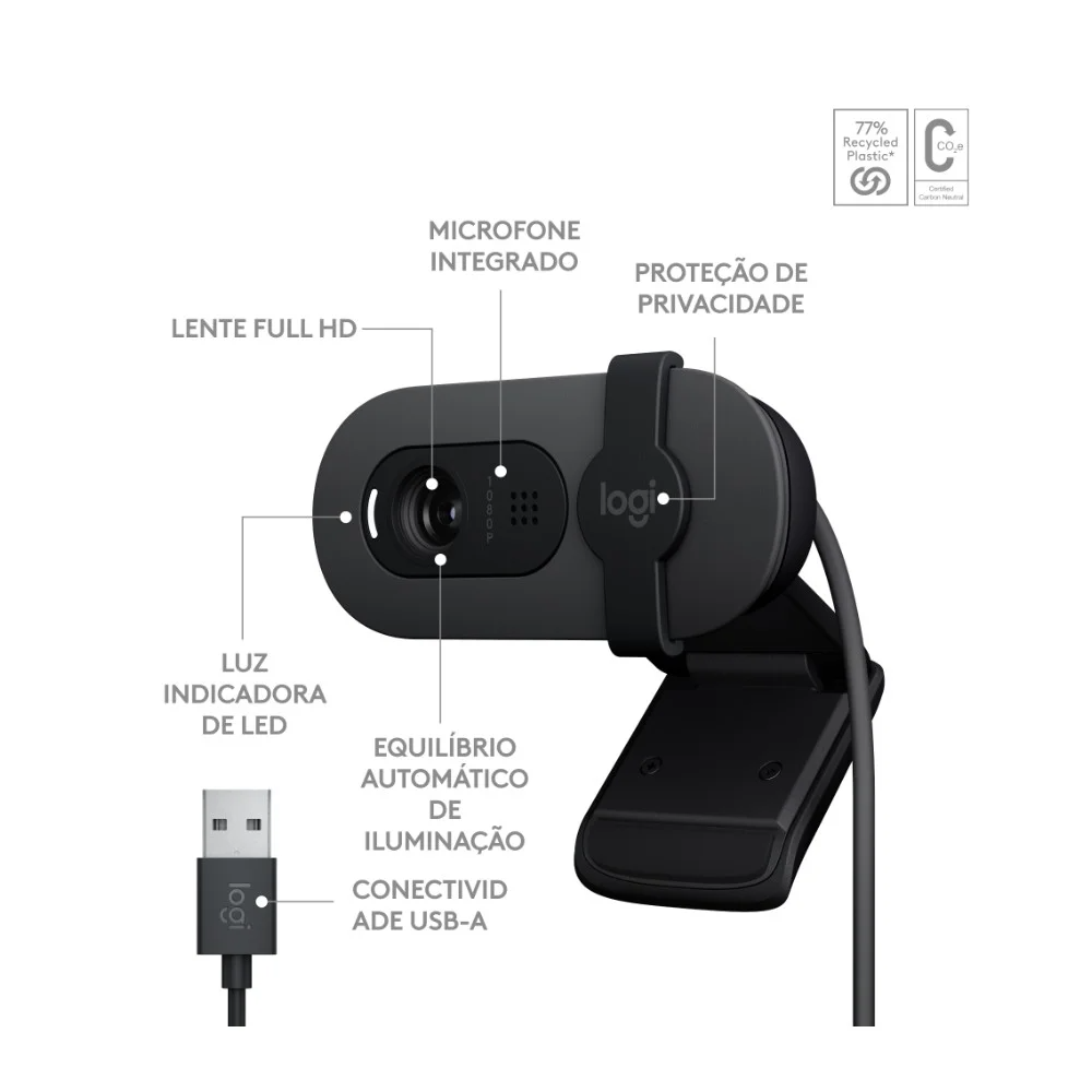Detalhes da webcam Logitech Brio 100 grafite