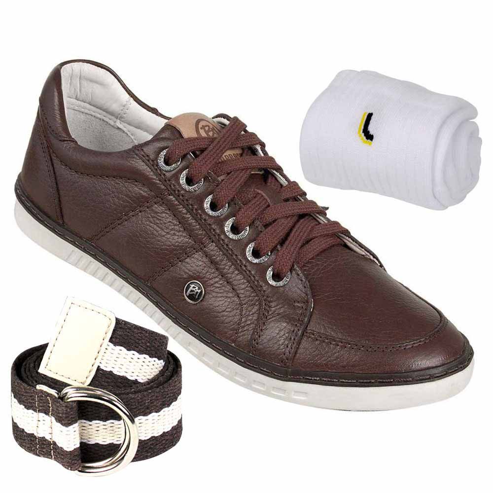 Kit Sapatênis Masculino Couro Marrom BM Brasil + Cinto e Meia - Loja Santa  Fé Calçados Masculinos e Femininos Franca