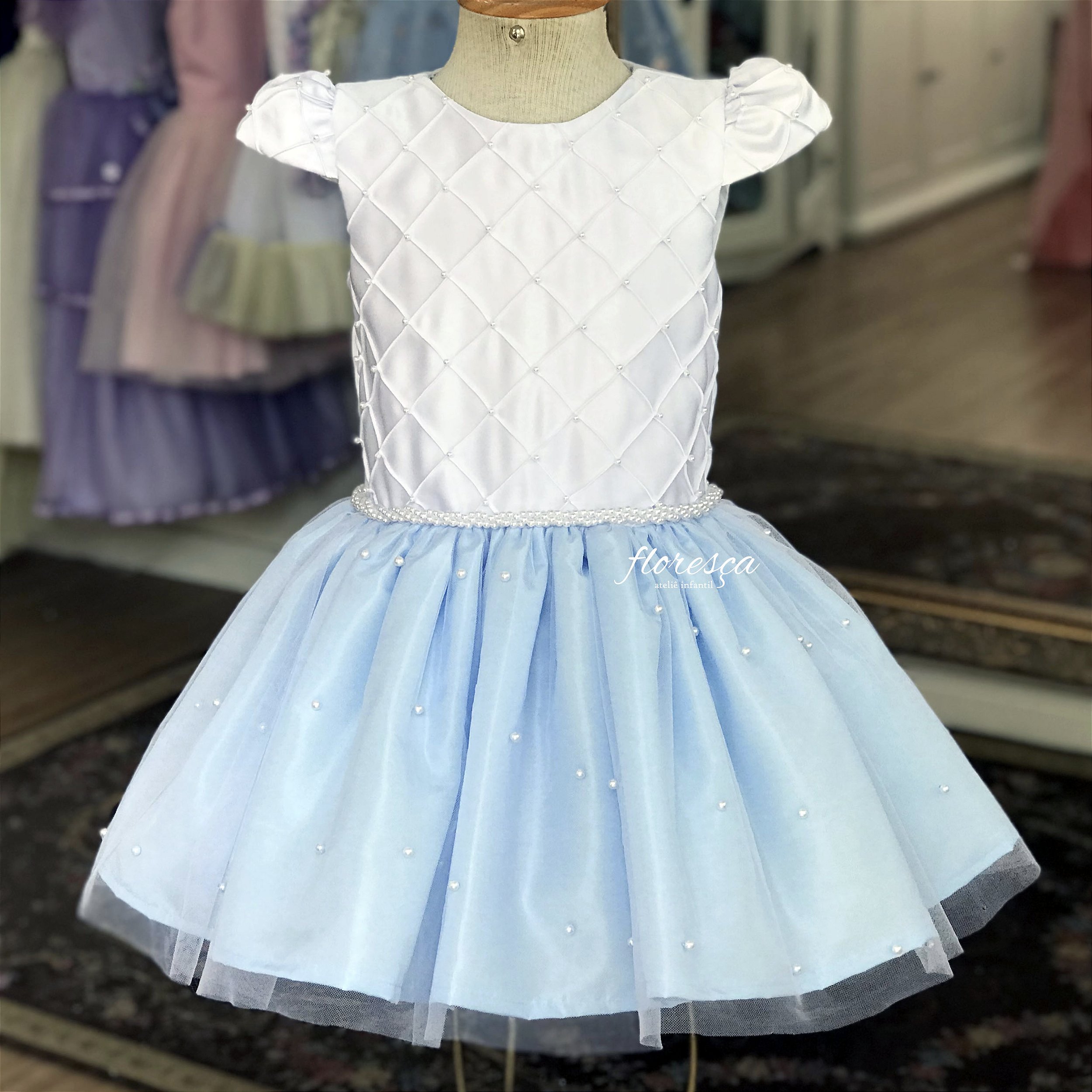 Vestido Infantil Daminha Roseane Azul e Branco