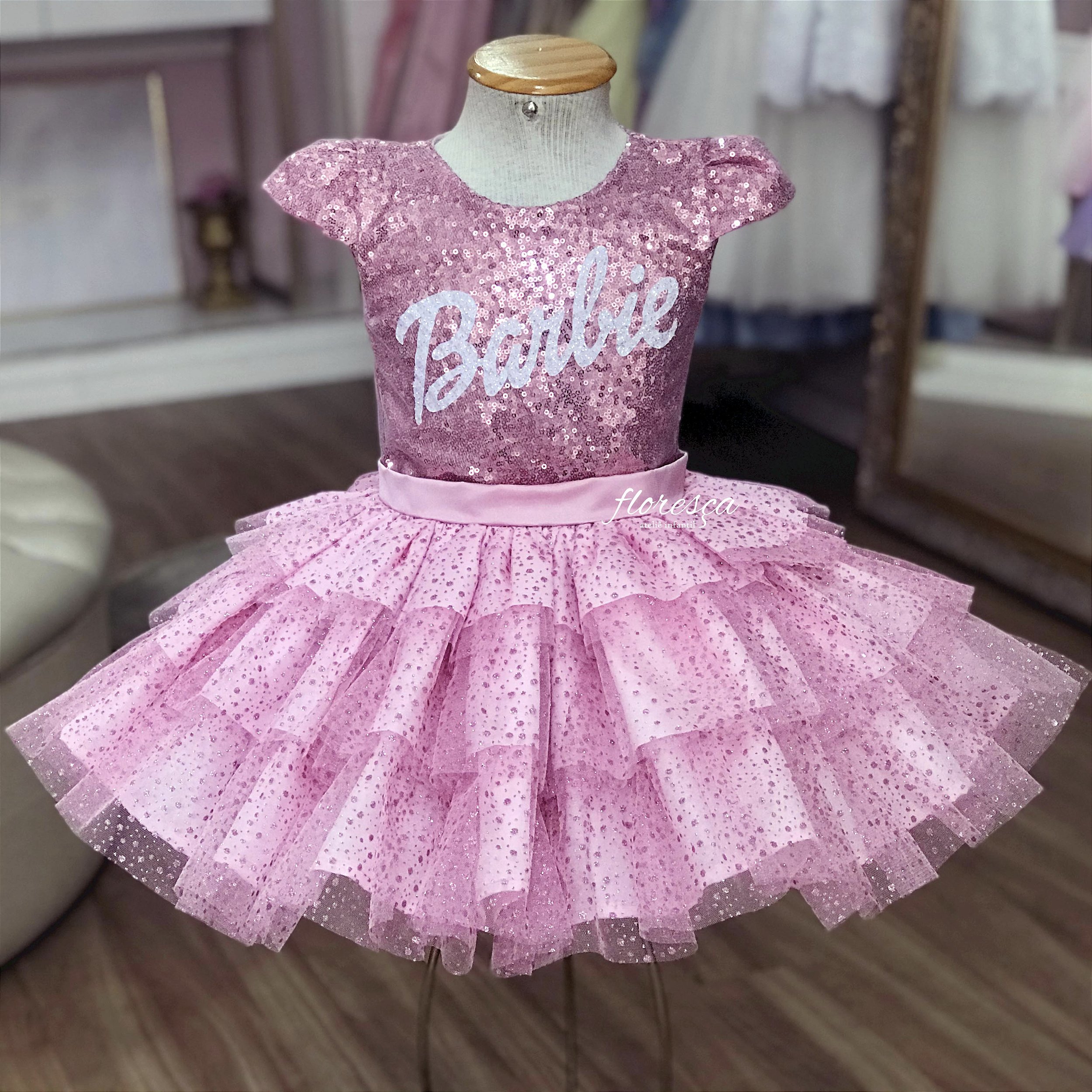 Vestido Infantil Barbie Paetê Pink