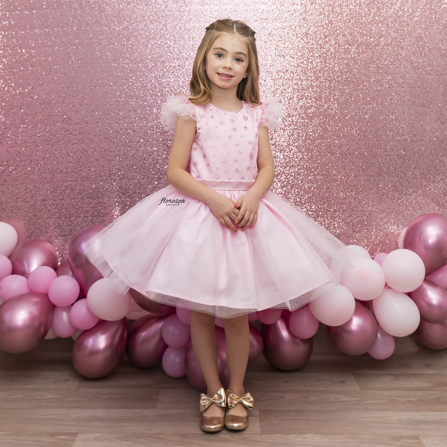 Vestido Infantil Princesa Barbie Com Laço e Glitter - Rosa