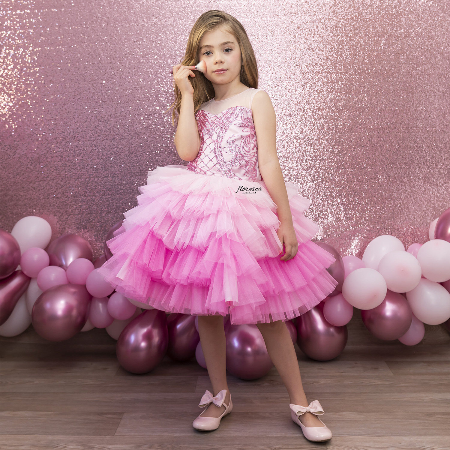 Vestido Infantil Barbie Rosa Glitter