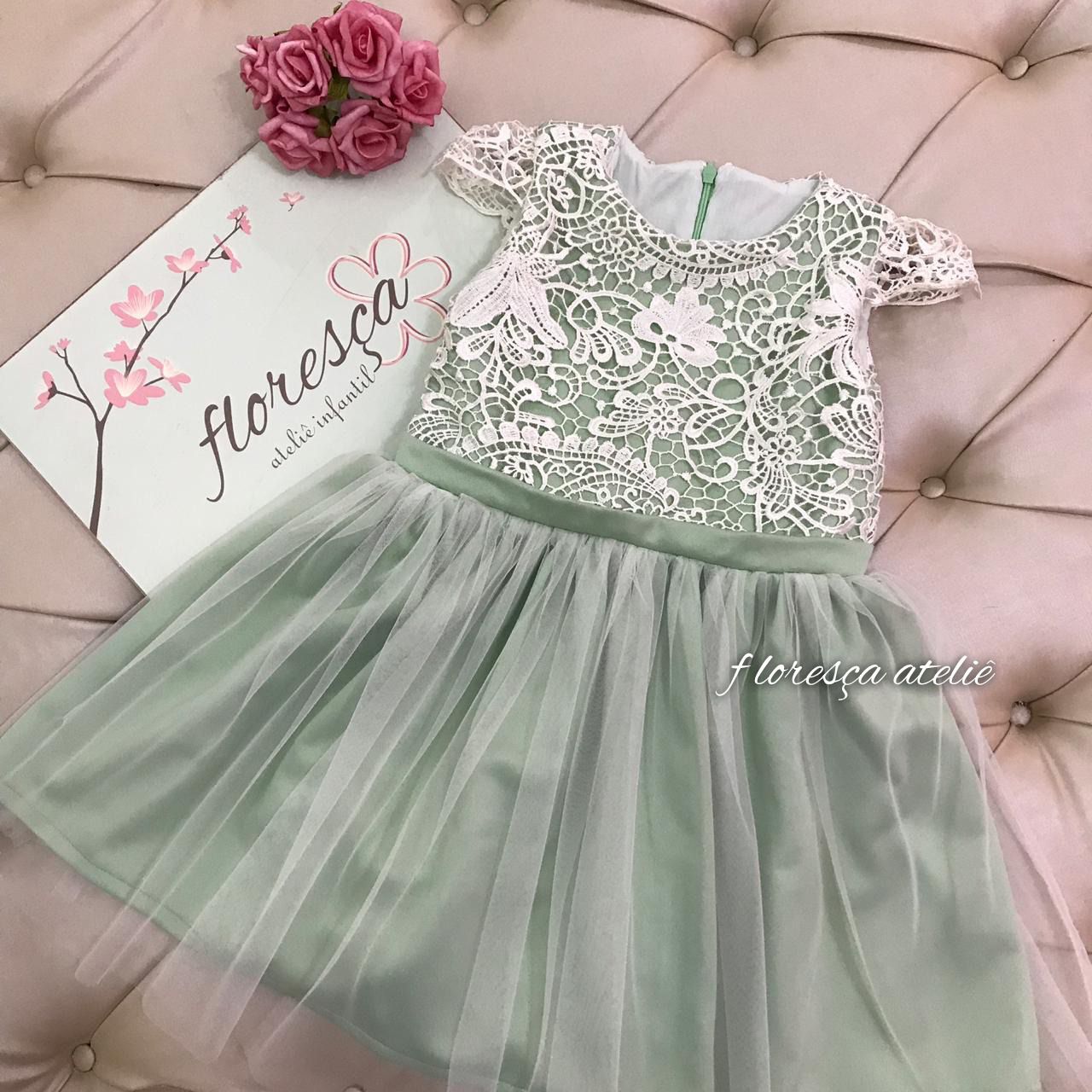 Vestido Infantil Daminha Liz Branco e Verde  Floresça Ateliê - Floresça  Ateliê Infantil