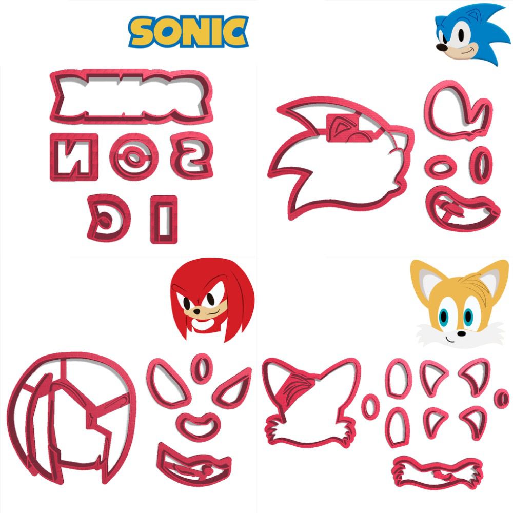 Kit 4 Cortadores Sonic Raposa Tails Knuckles Logo Top - Doce
