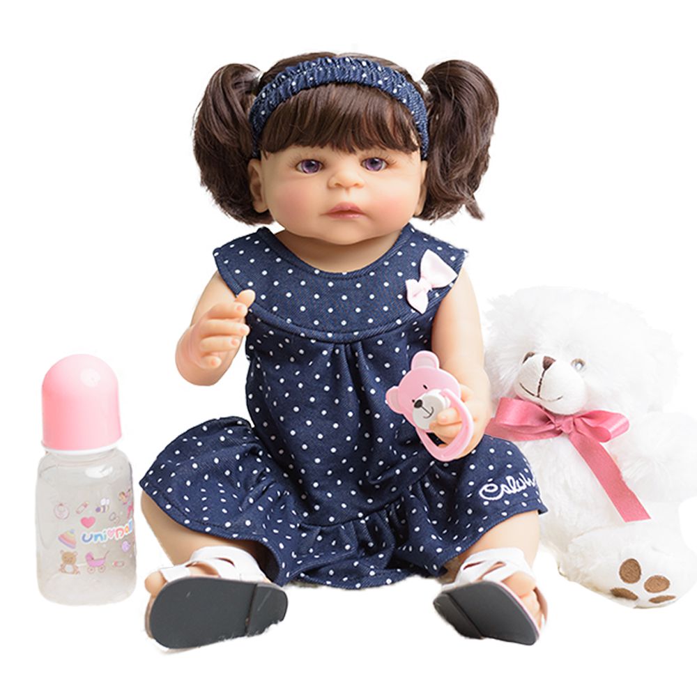 Boneca reborn bebe real lara 55cm com acessorios toda em silicone olhos  azuis