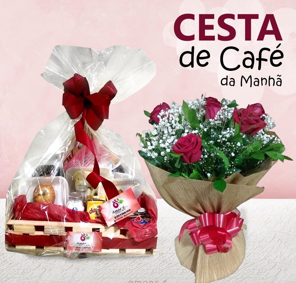 Cesta de Café da Manhã Mini Kit Matinal com Ramalhete de Rosas