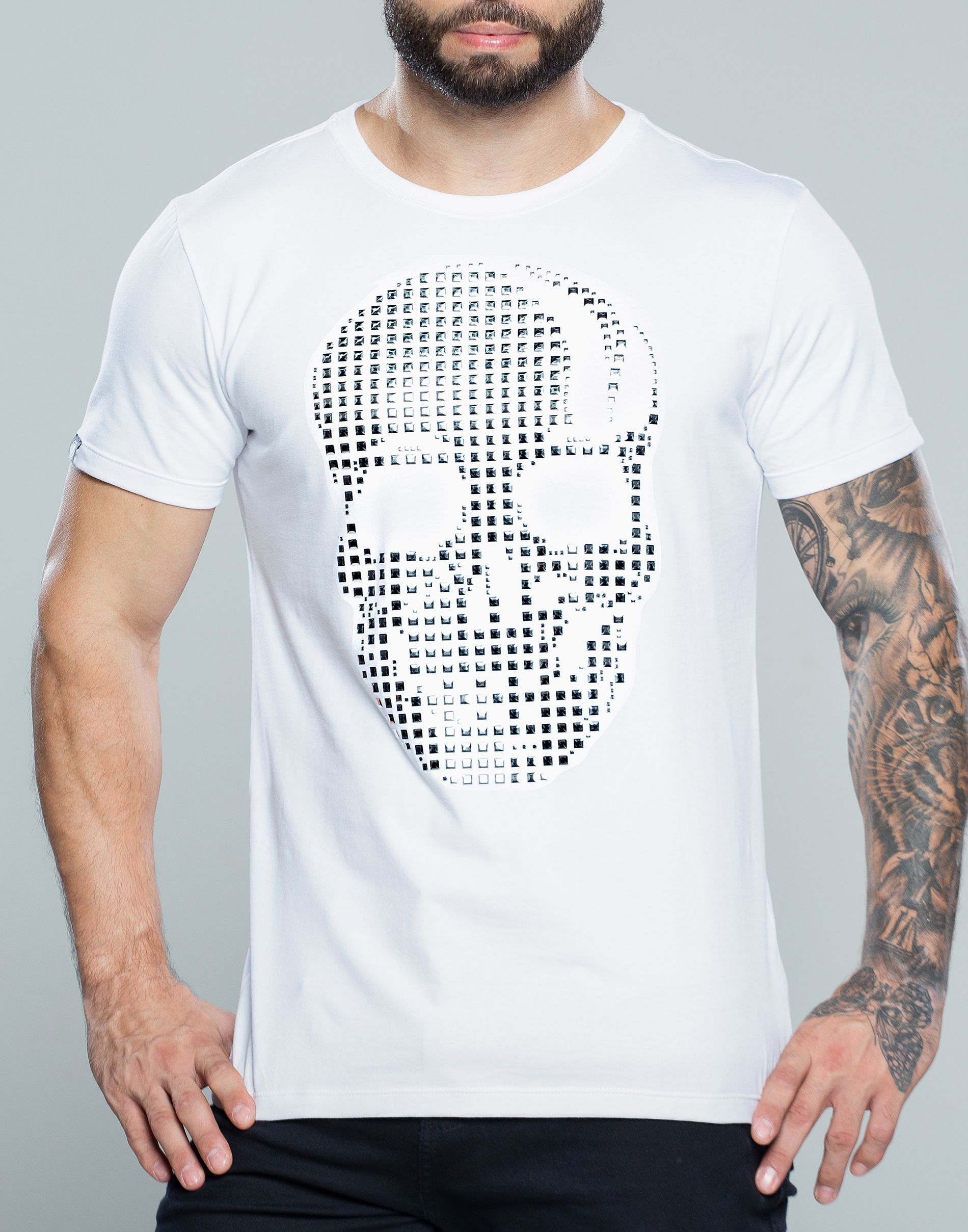 Camiseta masculina premium branca caveira preta - JOHN VERDAZZI
