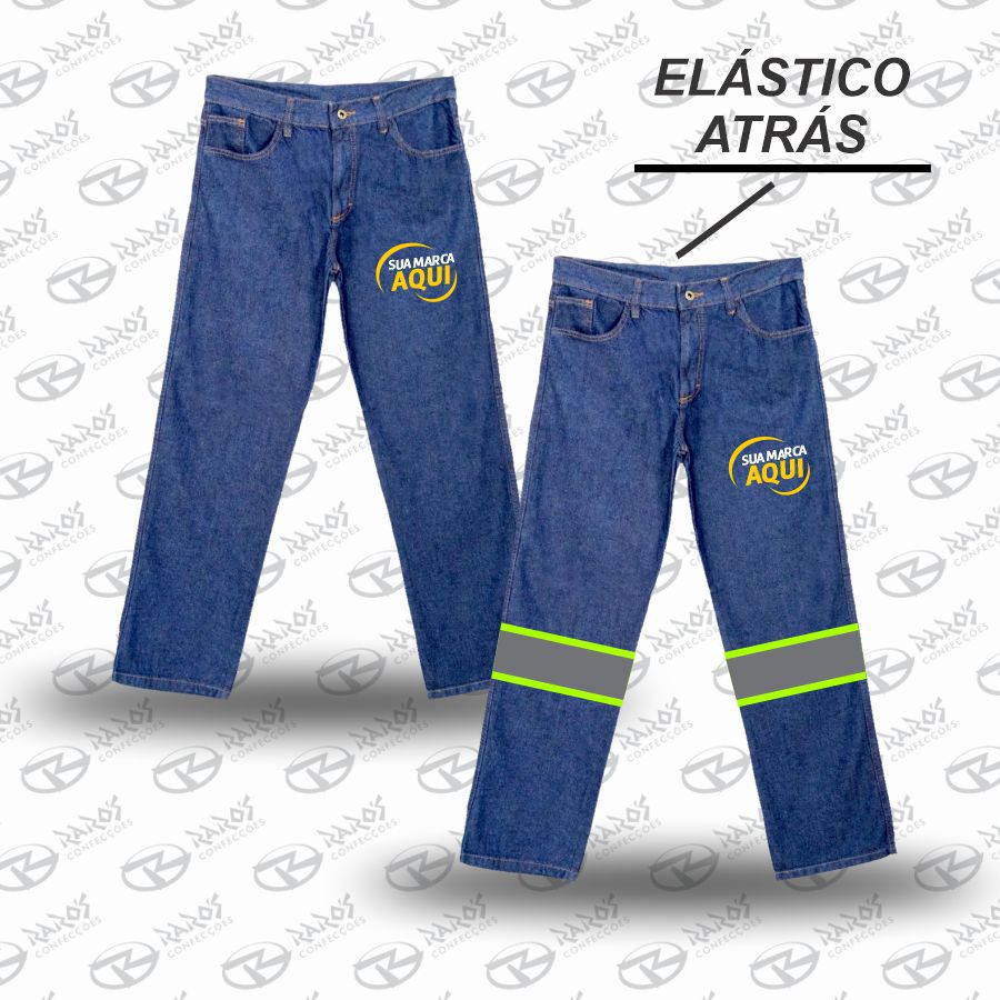 Calça Jeans Meio Cós Meio Elástico - Uniforme Personalizado - Raro's  Confecções - Uniforme Personalizado