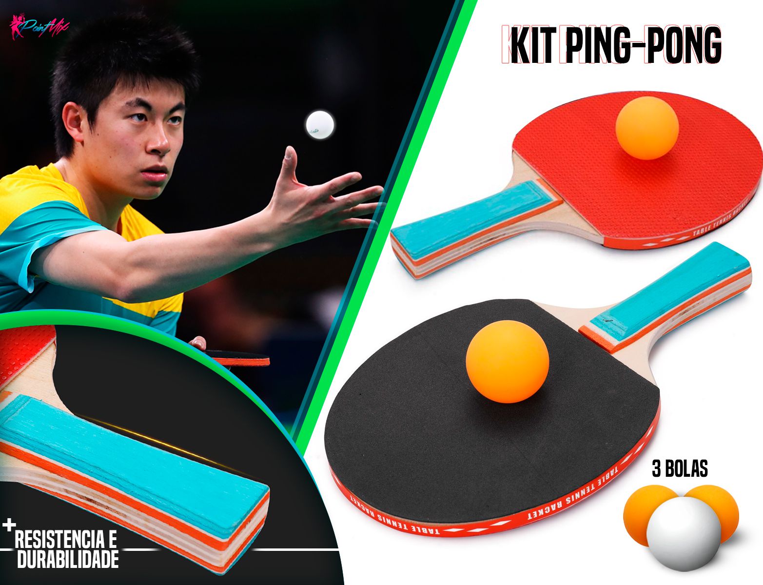 Kit com Raquete e Bolinha Para Tênis de Mesa Ping-pong